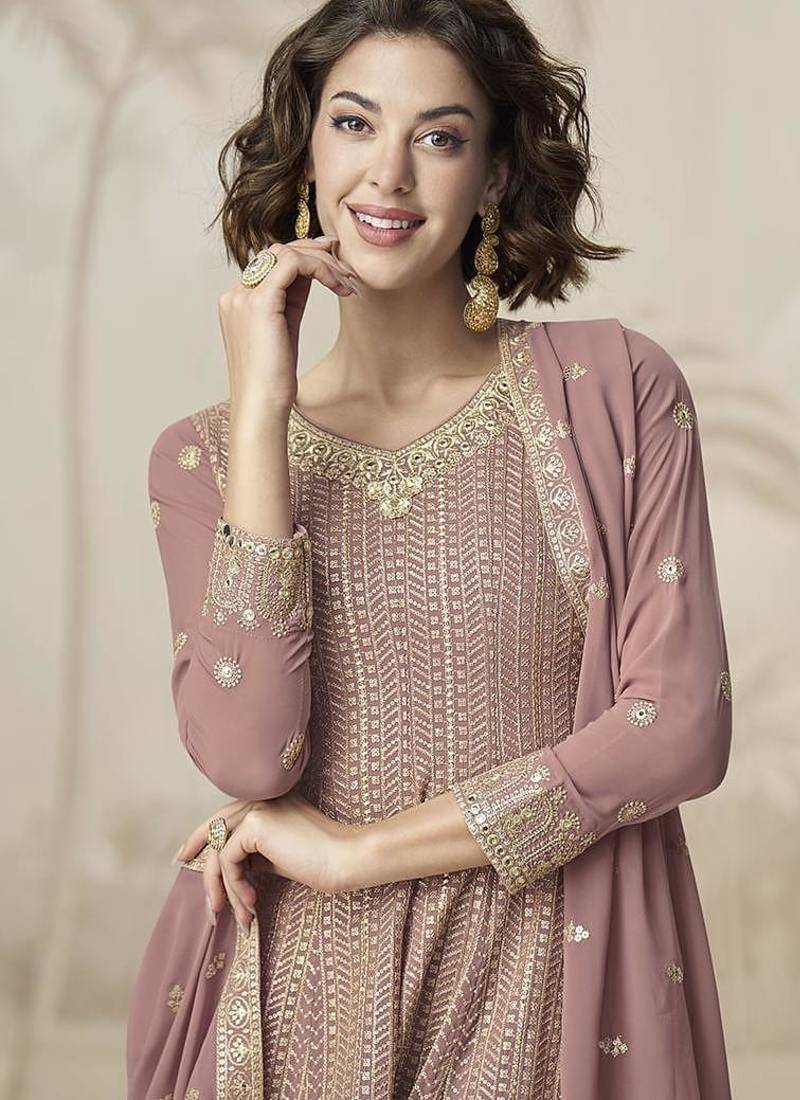 Mauve faux georgette embroidered readymade sharara salwar suit