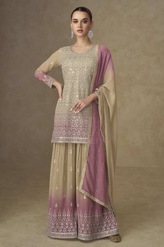 Beige & pink faux georgette embroidered readymade palazzo suit