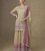 Beige & pink faux georgette embroidered readymade palazzo suit