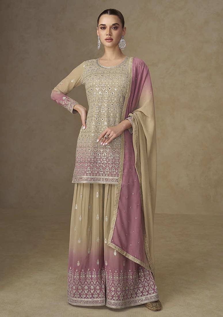 Beige & pink faux georgette embroidered readymade palazzo suit