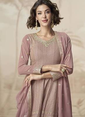 Mauve faux georgette embroidered readymade sharara salwar suit 4