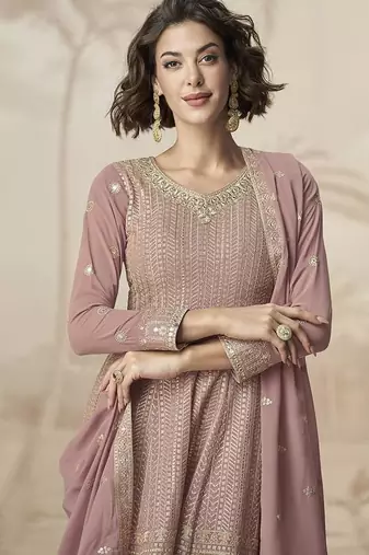 Mauve faux georgette embroidered readymade sharara salwar suit
