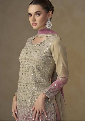 Beige & pink faux georgette embroidered readymade palazzo suit 2