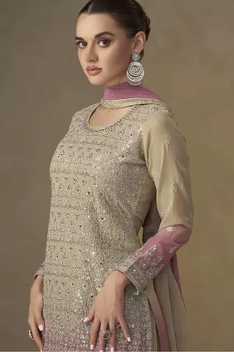 Beige & pink faux georgette embroidered readymade palazzo suit