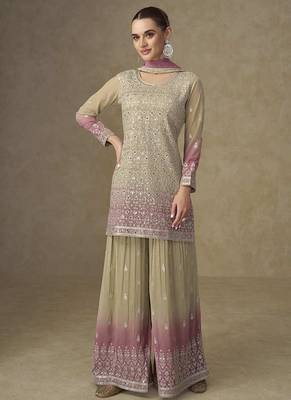 Beige & pink faux georgette embroidered readymade palazzo suit 3