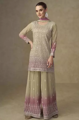 Beige & pink faux georgette embroidered readymade palazzo suit
