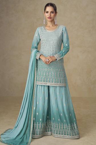 Aqua blue faux georgette embroidered readymade palazzo suit