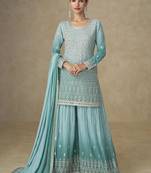 Aqua blue faux georgette embroidered readymade palazzo suit