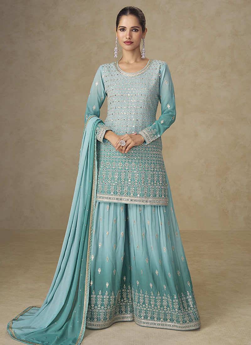 Aqua blue faux georgette embroidered readymade palazzo suit