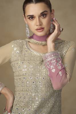 Beige & pink faux georgette embroidered readymade palazzo suit 4