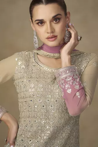 Beige & pink faux georgette embroidered readymade palazzo suit