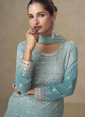 Aqua blue faux georgette embroidered readymade palazzo suit 2