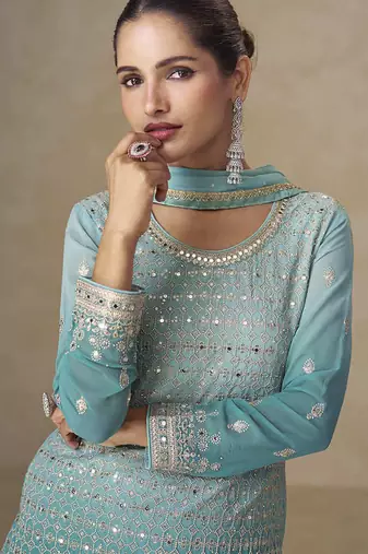 Aqua blue faux georgette embroidered readymade palazzo suit