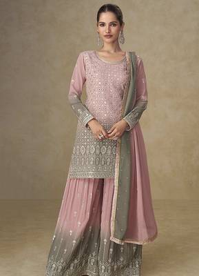 Pink & grey faux georgette embroidered  readymade palazzo suit 1