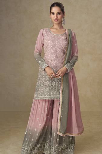 Pink & grey faux georgette embroidered  readymade palazzo suit