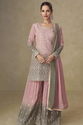 Pink & grey faux georgette embroidered  readymade palazzo suit