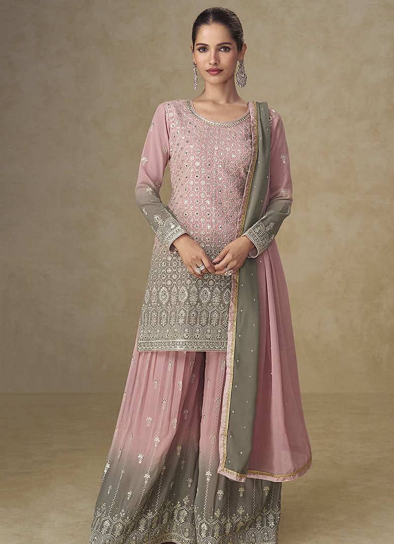 Pink & grey faux georgette embroidered  readymade palazzo suit