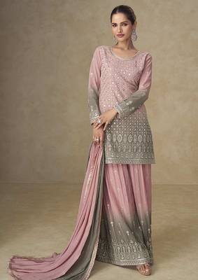Pink & grey faux georgette embroidered  readymade palazzo suit 2