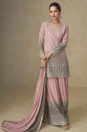 Pink & grey faux georgette embroidered  readymade palazzo suit