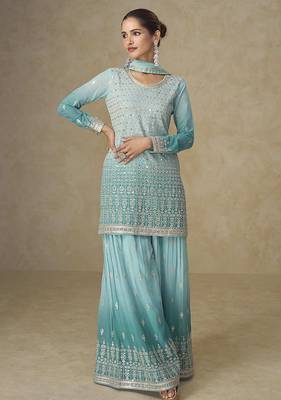 Aqua blue faux georgette embroidered readymade palazzo suit 3