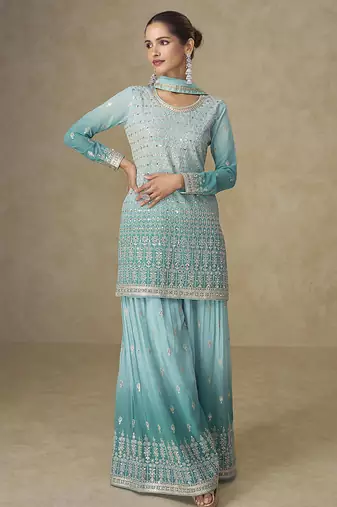 Aqua blue faux georgette embroidered readymade palazzo suit