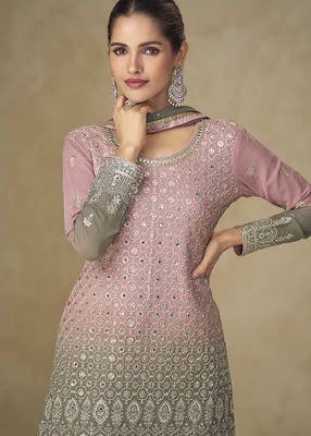 Pink & grey faux georgette embroidered  readymade palazzo suit 3