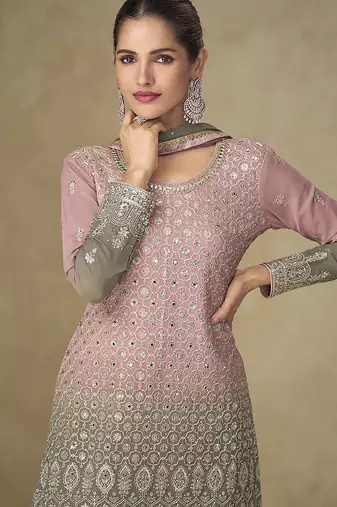 Pink & grey faux georgette embroidered  readymade palazzo suit