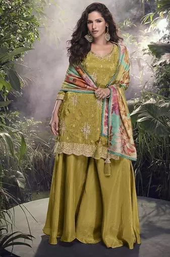 olive faux chinon silk embroidered readymade palazzo suit
