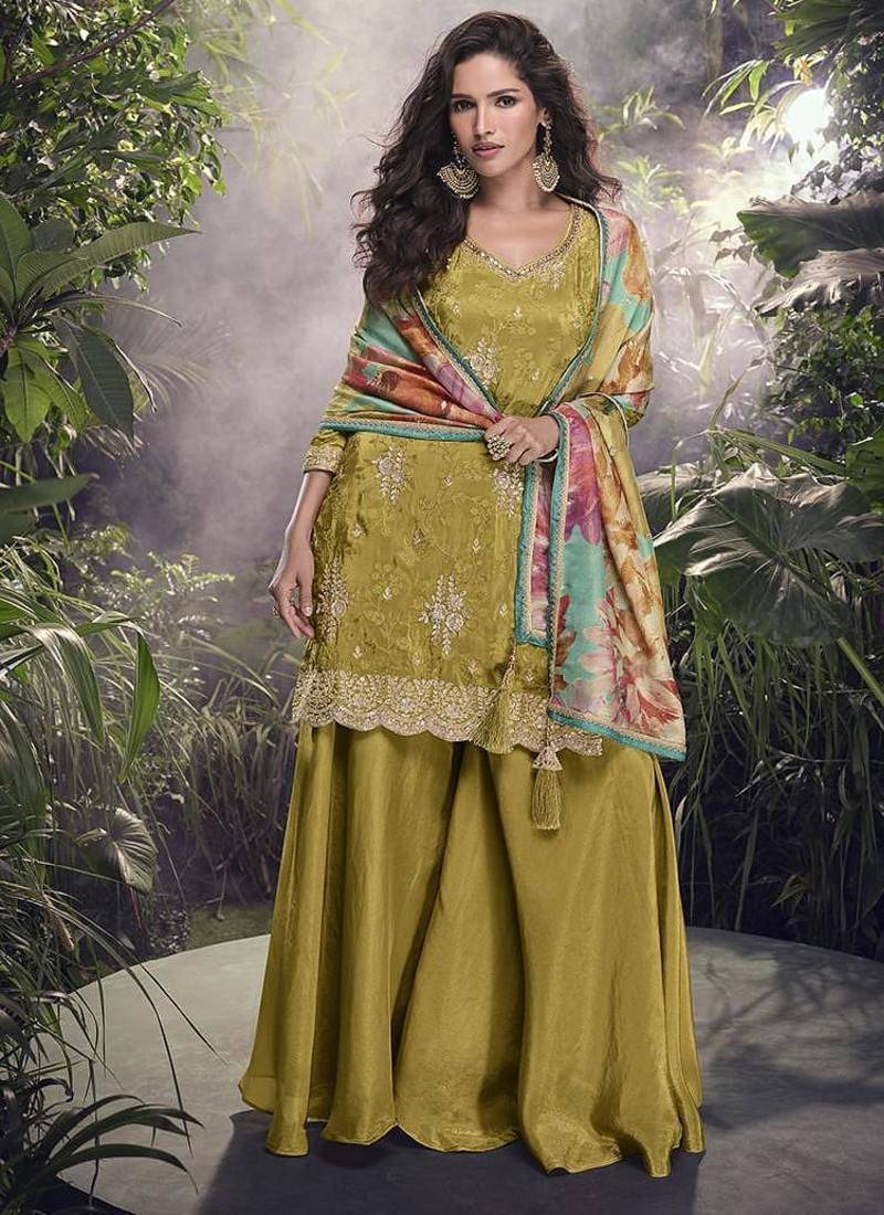 olive faux chinon silk embroidered readymade palazzo suit