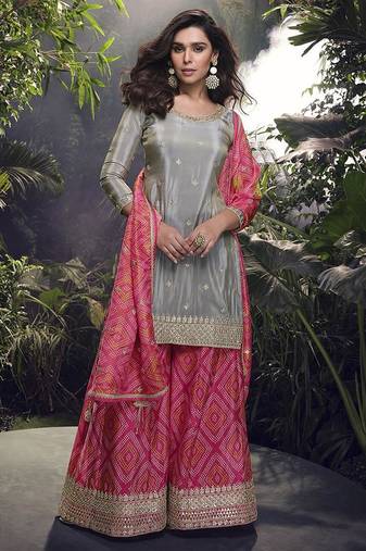 Grey faux chinon silk embroidered readymade palazzo suit
