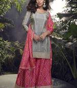 Grey faux chinon silk embroidered readymade palazzo suit
