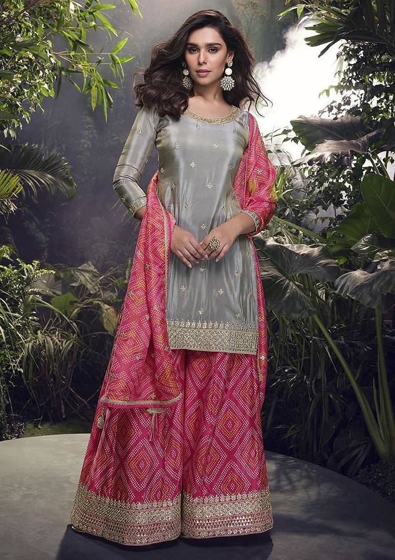 Grey faux chinon silk embroidered readymade palazzo suit