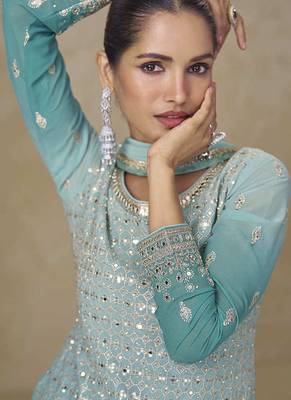 Aqua blue faux georgette embroidered readymade palazzo suit 4