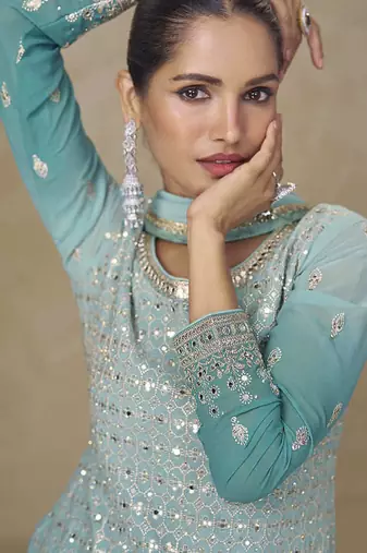 Aqua blue faux georgette embroidered readymade palazzo suit