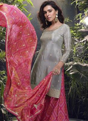 Grey faux chinon silk embroidered readymade palazzo suit 2