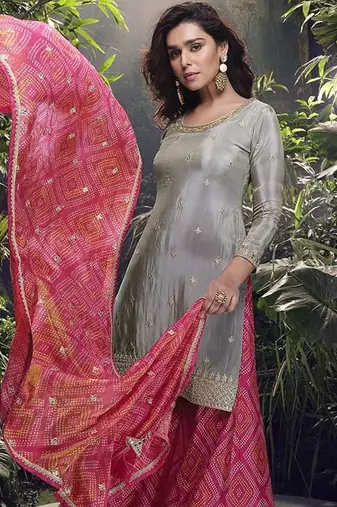 Grey faux chinon silk embroidered readymade palazzo suit