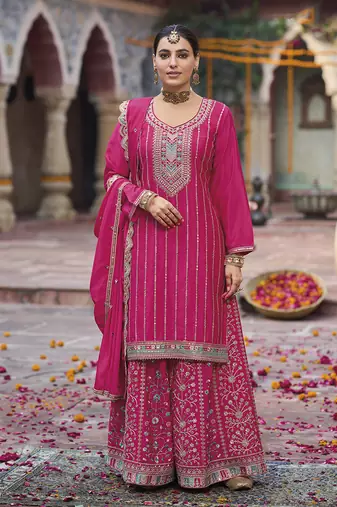Hot pink faux chinon embroidered readymade salwar suit