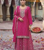 Hot pink faux chinon embroidered readymade salwar suit