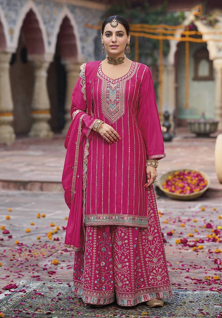 Hot pink faux chinon embroidered readymade salwar suit