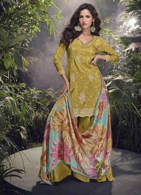 olive faux chinon silk embroidered readymade palazzo suit 2