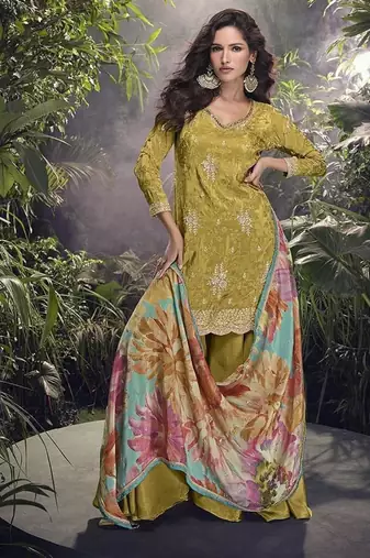 olive faux chinon silk embroidered readymade palazzo suit