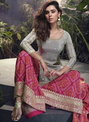 Grey faux chinon silk embroidered readymade palazzo suit 3