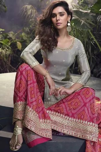 Grey faux chinon silk embroidered readymade palazzo suit