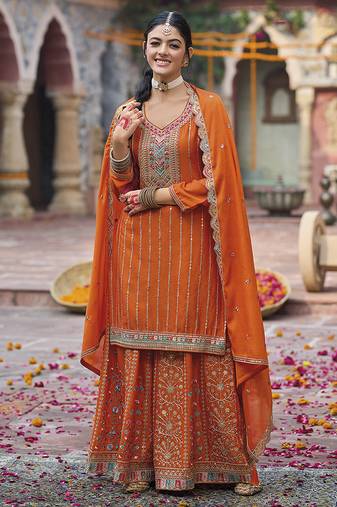 Orange faux chinon embroidered readymade salwar suit