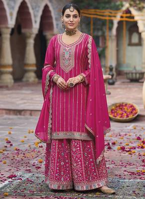 Hot pink faux chinon embroidered readymade salwar suit 2