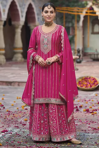 Hot pink faux chinon embroidered readymade salwar suit