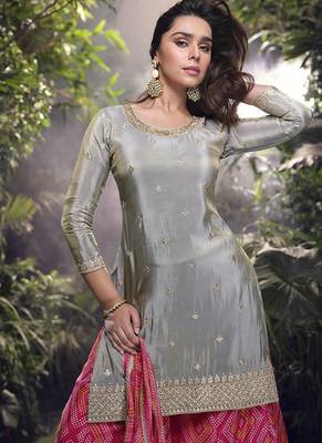 Grey faux chinon silk embroidered readymade palazzo suit 4