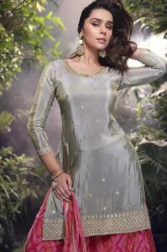 Grey faux chinon silk embroidered readymade palazzo suit