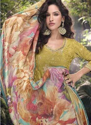 olive faux chinon silk embroidered readymade palazzo suit 4