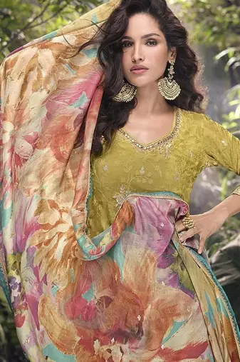 olive faux chinon silk embroidered readymade palazzo suit